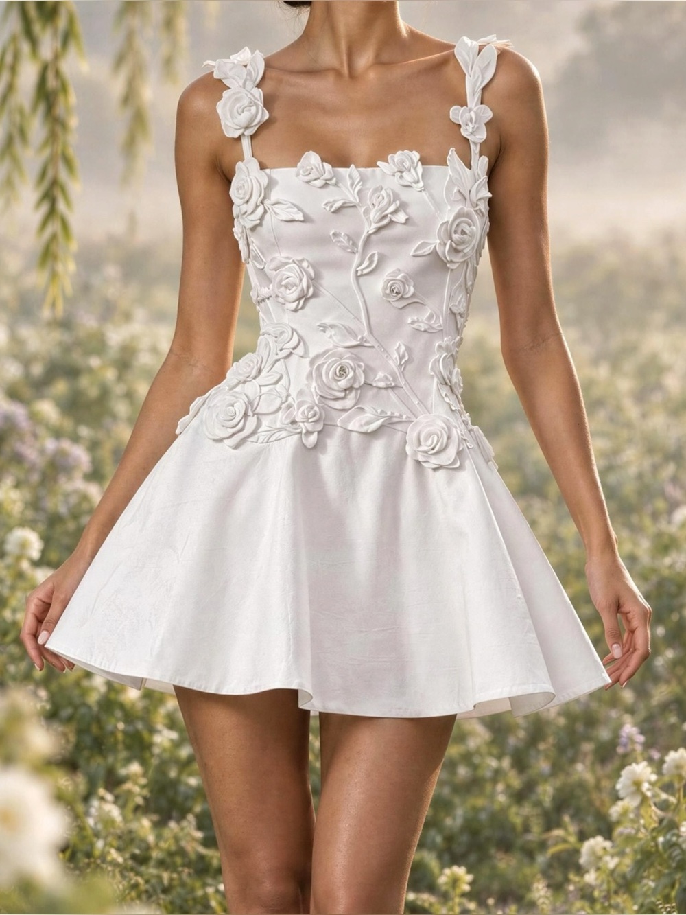 BHLDN Floral Appliqué Fit-and-Flare Mini Dress, Ivory, Medium